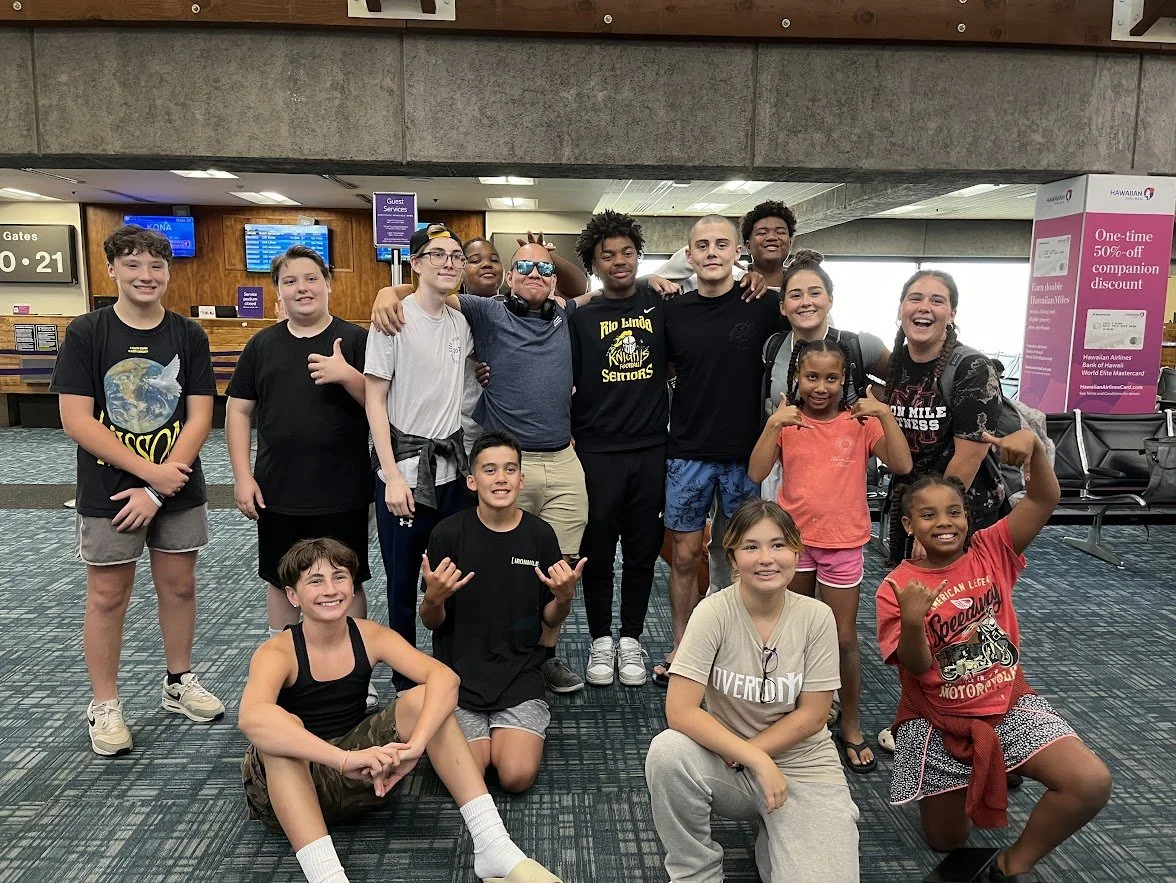 Overcome campers and leaders together at the start of their trip